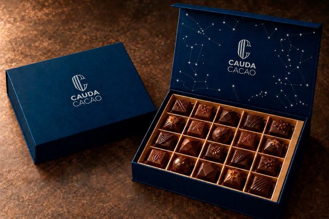 Caja azul de bombones Cauda Cacao