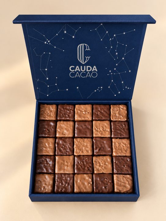 Caja abierta con piezas de chocolate